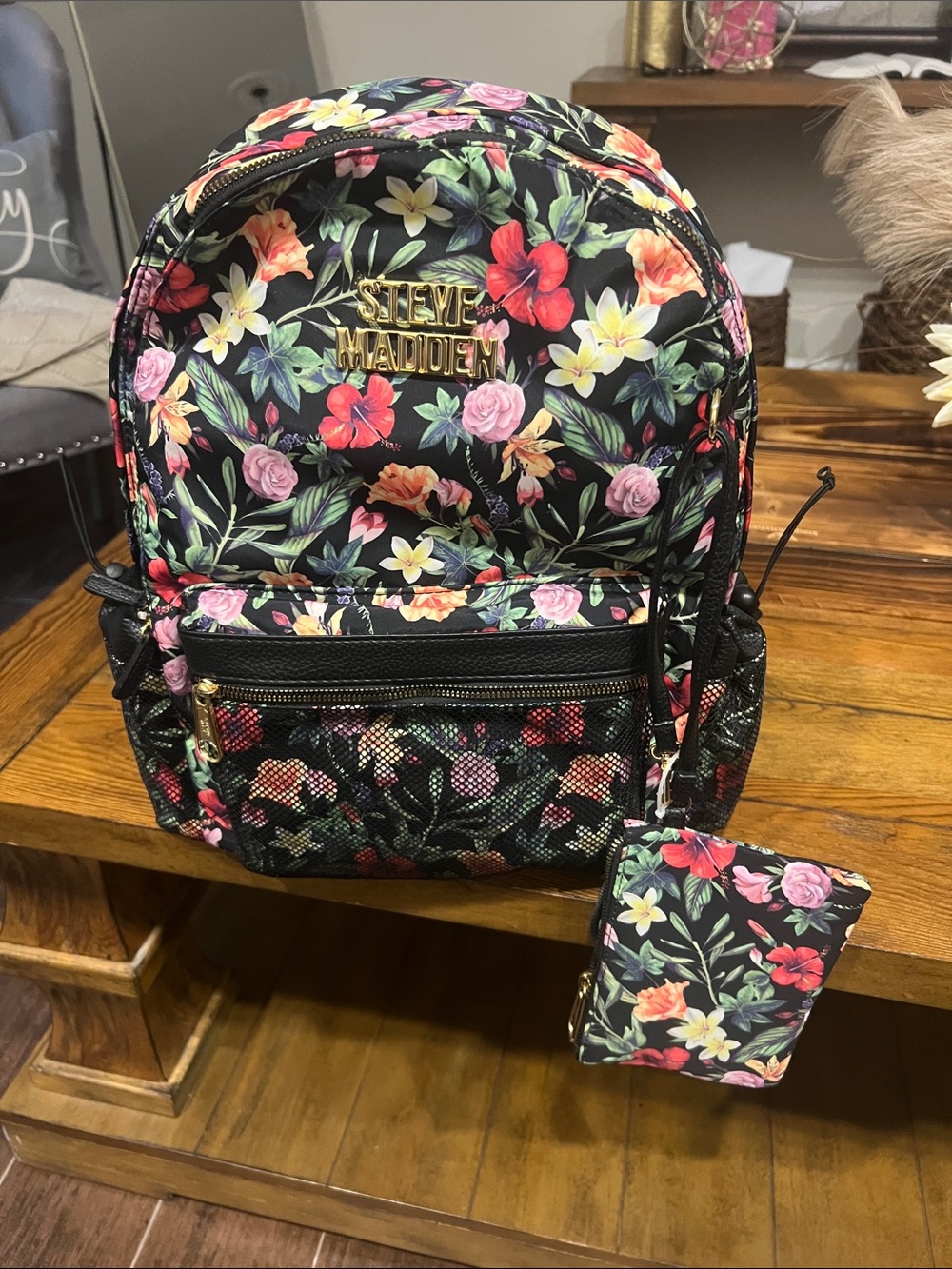 Steve Madden Black Floral Mini Backpack with Matching Wallet